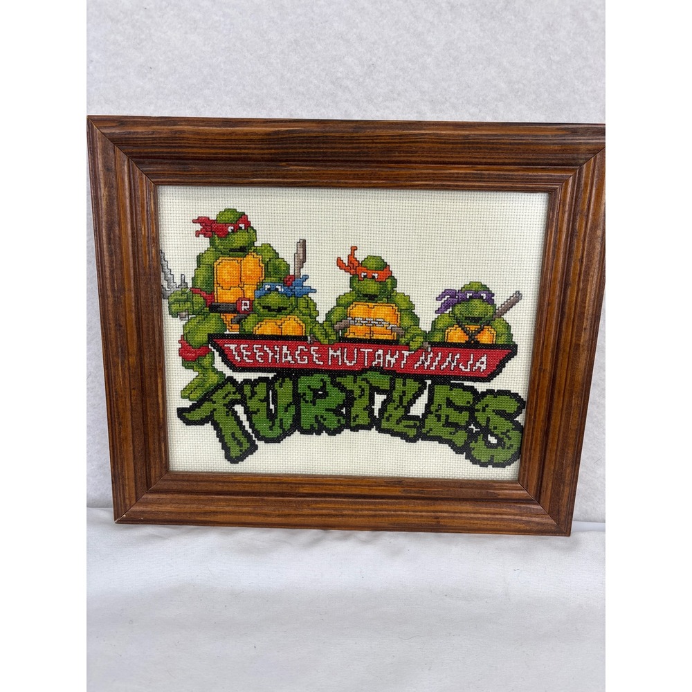 Teenage Mutant Ninja Turtles Framed Cross Stitch Art 10x8 Vintage Style Decor